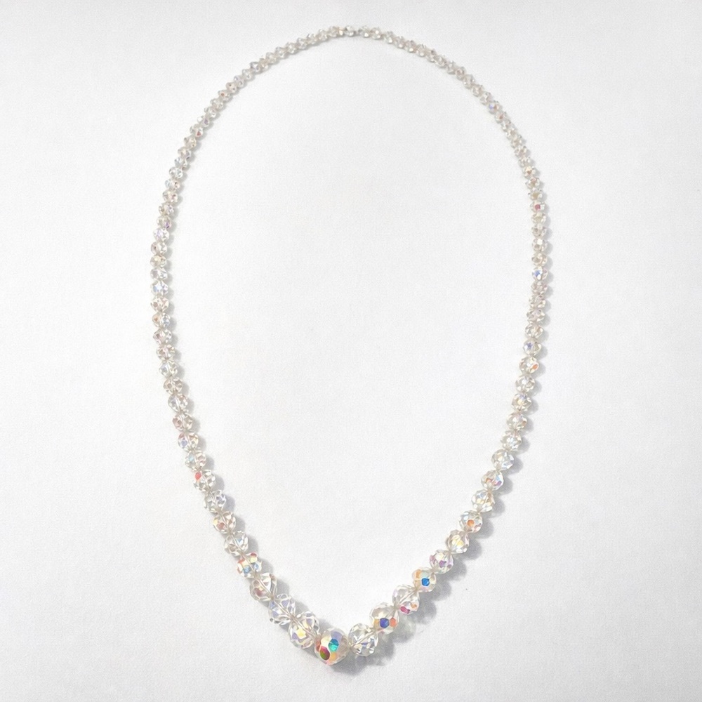 Vintage Aurora Borealis Crystal Bead Necklace Graduated Clear Faceted Strand